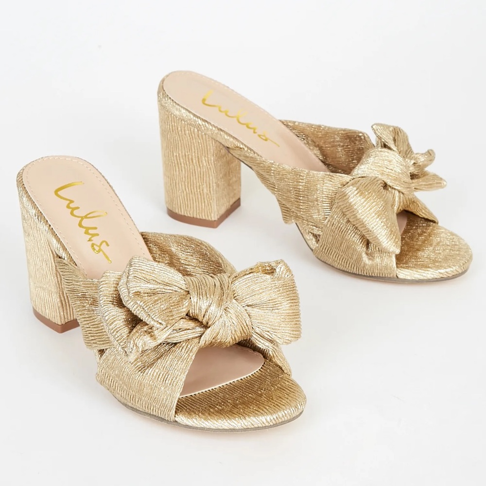 Lulu's Gold Metallic Bow Block Heel Sandals